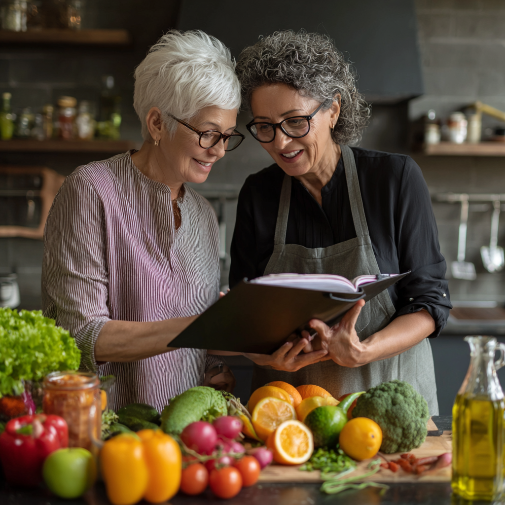 51 years old woman and nutritionist planning balanced meals together using healthy ingredients