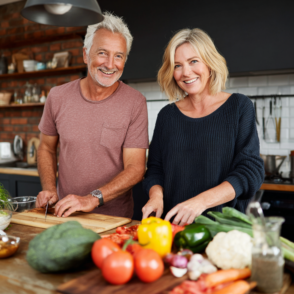 Happy 52 years old couple preparing nutritious meal together in modern kitchen