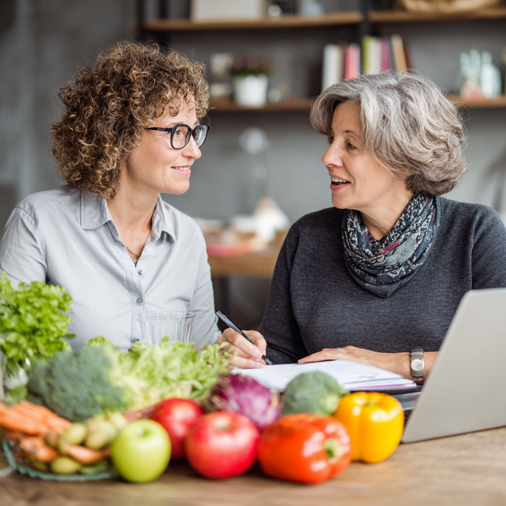Professional 50 years old nutritionist consulting with 50 years old client about healthy eating habits